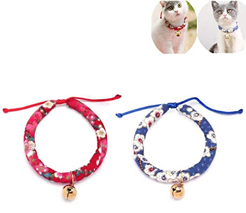 USAMS Collar para Gato con Campana, Collar de Gato con cascabeles Dulce Flor Suave paño para Gatos y Perros pequeños Mascotas Ajustable, Rojo + Azul 2 Unidades
