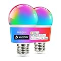 OREiN Matter Smart Light Bulbs Reliable WiFi Light Bulb with Matter A19 E26 LED Color Changing Light Bulbs 9W Equi 60W 800LM CRI>90 Work with Alexa/Google Home/Apple Home/SmartThings/Siri 2Pack