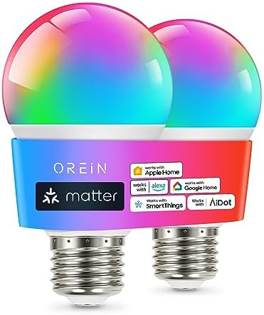 OREiN Matter Smart Light Bulb, A19 RGBTW Color Changing Light Bulbs, 2 Pack