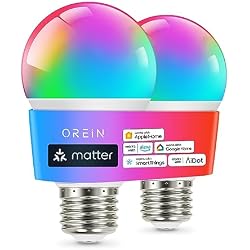 OREiN Matter Smart Light Bulb, Smart Light Bulbs Work with Apple Home, Alexa, Google Home, SmartThings, A19 Color Changing Light Bulbs 2.4Ghz WiFi, 800 Lumens Equivalent 60W 2Pack