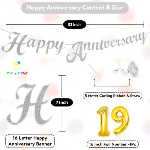 Image of Flyloons 19th Happy Anniversary Banner Silver Decorations Kit for Men Women Wedding Anniversary Banner Items without Balloons