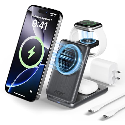 Acer 3 in 1 Charging Station for Apple Device Magnetic Palm-Sized Foldable Fast Charger Stand Compatible with MagSafe for iPhone 17 Apple Watch & AirPods Foldable Charging Dock for Desk S3