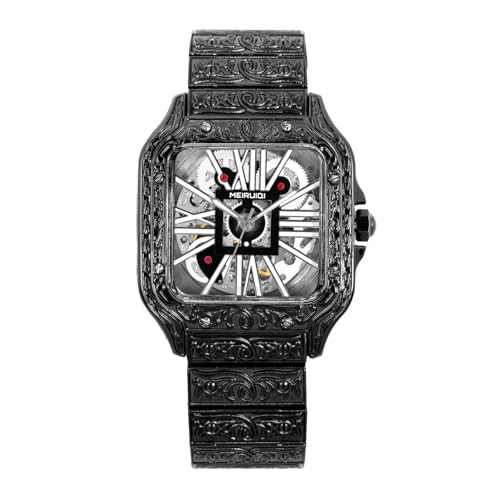 Luxury Skeleton Watch, Gold-Tone Vintage Carved Design, Roman Numeral Display, Mechanical Movement (Black)