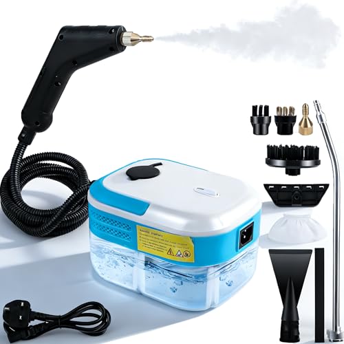 Strixorn Limpiador a vapor manual, 1500 W, limpiador de vapor de mano portátil con depósito de agua grande de 1200 ml, limpiador a vapor de alta presión, 7 accesorios para todos los muebles de cocina
