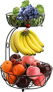 Jucoan 2-Tier Countertop Fruit Basket Bowl with Banana Hanger, Tiered Fruit Basket Stand, Fruit and Vegetable Metal basket for Kitchen, Dining Table, Black