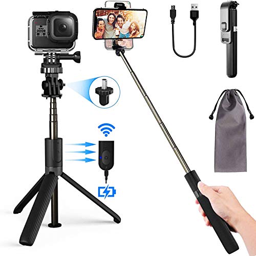 PEYOU Palo Selfie Trípode, Recargable Remoto Bluetooth, Selfie Stick Móvil Aluminio para Mini Cámara, GoPro, Compatible para iPhone 12 Pro Max, 12, 11, X, Samsung Galaxy S10e, S20, S8, S8 Plus
