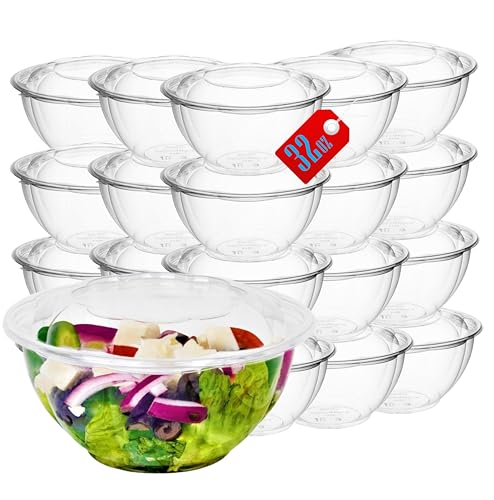 Mr Miracle Clear 32 Ounce Plastic Salad Bowls with Snap-On Lids. Pack 50. Airtight Disposable Salad Containers for Lunch Meal Prep Parties. Ideal as Disposable Salad Bowls with Lids