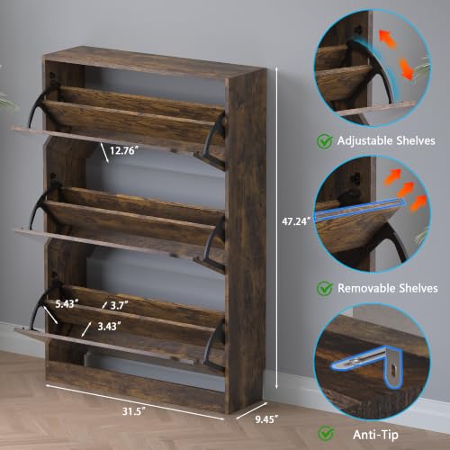 Image of BORNOON Shoe Cabinet with 3-Flip Mirror Drawers, Freestanding Shoe Rack Organizer with Hidden Handle, Slim Narrow Shoe Storage Cabinet for Entryway, Entrance, Hallway, Bedroom