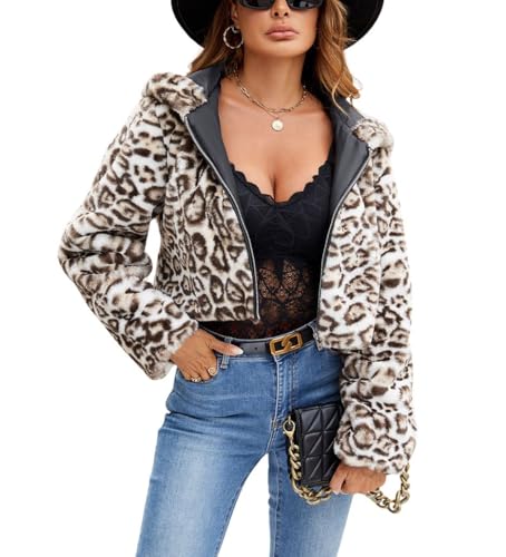 chouyatou Women's Leopard/Snakeskin Print Cropped Faux Fur Jacket Zip Up Hooded Furry Jacket Coat
