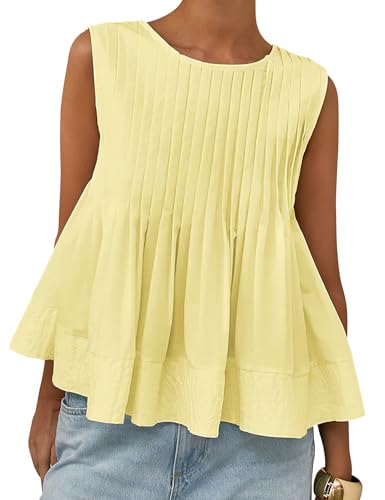 PEHMEA Women's Summer Pleated Peplum Tank Tops, Cute Sleeveless Round Neck Babydoll Blouse Shirt for Casual Office Daily Wear