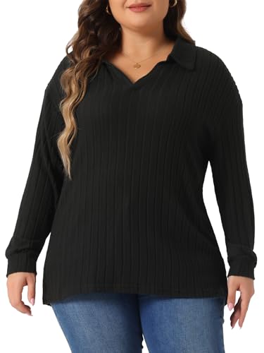 Image of Agnes Orinda Women's Plus Size Loose Polo V Neck Long Sleeve T Shirts Tops Collared Ribbed Brushed Top Sweater Casual