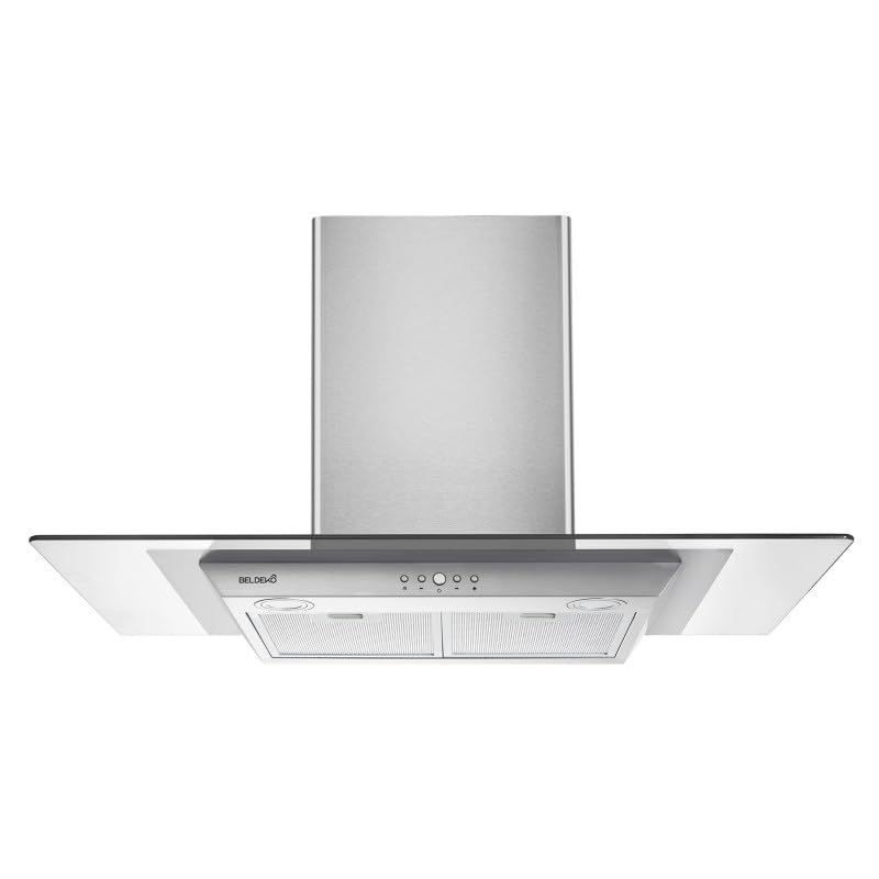 Hotte décorative murale BELDEKO 90 cm – Verre & Inox – 200 Watts - Débit 560 m³/h – 3 vitesses + LED – Recyclage ou évacuation – Marque française