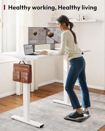 Image of SANODESK Height Adjustable Electric Standing Desk 55x24 Inches, Sit Stand Desk with Splice Board for Home Office, Ergonomic Computer Workstation, Study & Gaming, White Frame /White Top