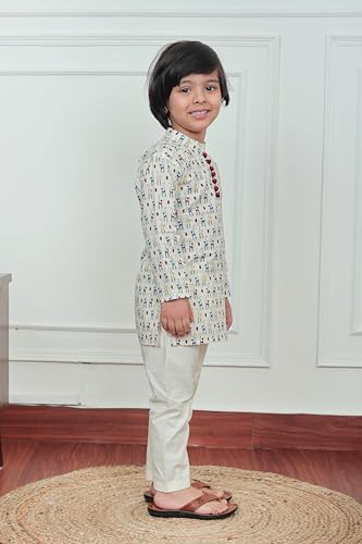 Image of POLKA TOTS Boys Cotton Ethnic Kurta Pajama Set with Attached Koti | Ethnic Motif Wear Kids Kurta Pyjama for Boys & Toddlers | Traditional Dress for Weddings & Festivals | Festive Jubba Set for Babies