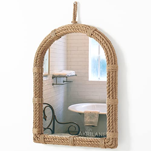 Akrilane Wall Mounted Mirror With Natural Rope Finish, French Nordic Rustic Farmhouse Style Mirror With Accent Arch Frame For Bathroom, Living Room, Bedroom, 33" Height, 22" Width, 1.8" Depth #TOP21