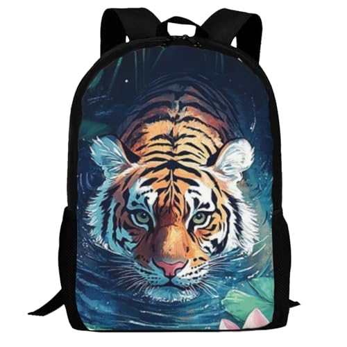 Travel Backpack Tiger Swimming in Lotus Pond 17In Lightweight Casual Daypack for Business Men Women