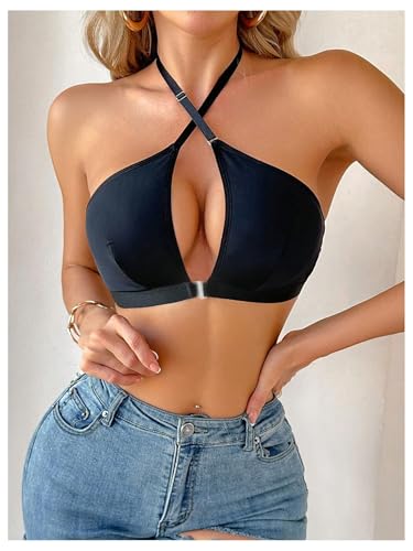 SOLY HUX Women's Cut Out Front Closure Bralette Criss Cross Wireless Halter Bra4