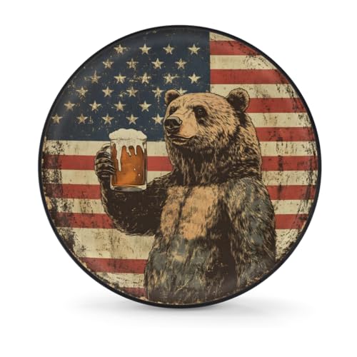 Image of Spare Tire Cover Bear American Flag Wheel Covers Protectors Waterproof Dust-Proof Universal Fit Trailer, RV, SUV and Many Vehicle (14 inch for tire Diameter 25.59 inch-27.16 inch)