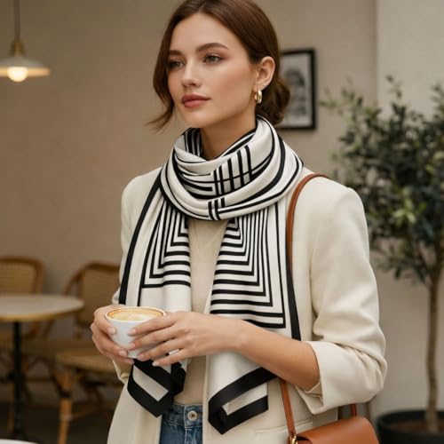 Image of Women's Polyester Striped Scarf - Soft Lightweight Long Stole | Elegant Black and White Striped Print Neck Wrap | Stylish Fashion Scarf for Women Casual Office Wear
