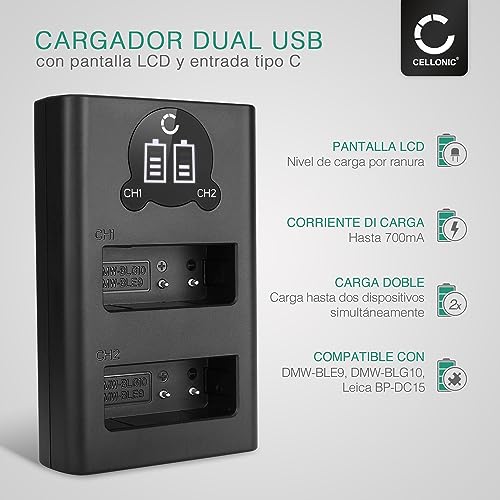 CELLONIC Cargador Dual DMW-BLE9 DMW-BLG10E Smart y Rápido Compatible con Cargador Doble DE-A98A DE-A99B + Cable USB de Carga Alimentación - imagen 2