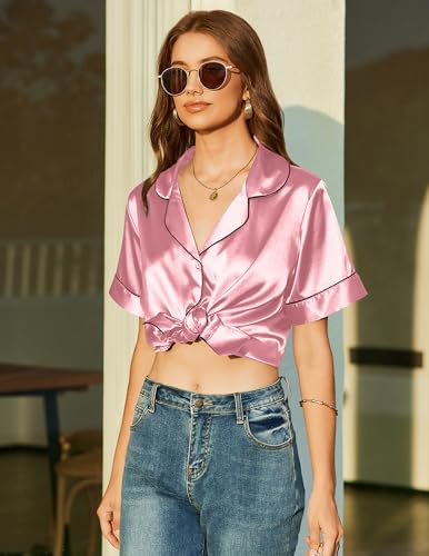 Image of Ekouaer Lounge Sets for Women Silk Pajamas Short Sleeve Sleepwear Button Down Loungewear Satin Pjs Set Pink,X-Large