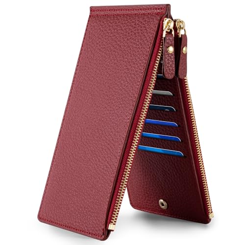 Image of Wallet for Women RFID Blocking Leather Wallet Large Size Bifold Multi Card Holder Wallet with 2 Zipper Pocket - Red