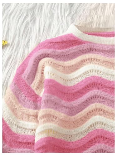 MakeMeChic Girl's Colorful Striped Sweater Top Long Sleeve Crew Neck Fall Lightweight Pullover4