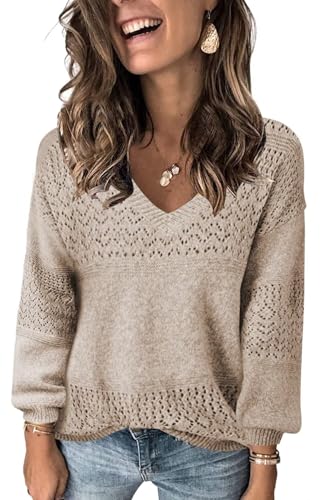 JOCAFIYE Womens Sweaters Casual Long Sleeve V Neck Lightweight Hollow Out Pullover Sweater Tops