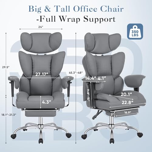 Image of Big and Tall Office Chair 350 LBS, Scratch-Resistant PU Leather Executive Office Desk Chair with Footrest, Ergonomic Reclining Computer Chair with Pocket Spring Support for Home Office, Grey
