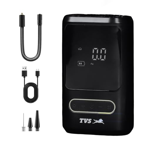 Image of TVS Portable Tyre Air Inflator 150 PSI - Digital Meter, LED Light, Multi-Nozzle, Multi-Mode, Rechargeable 2000 * 2 mAh Battery Air Pump for Car and Bike