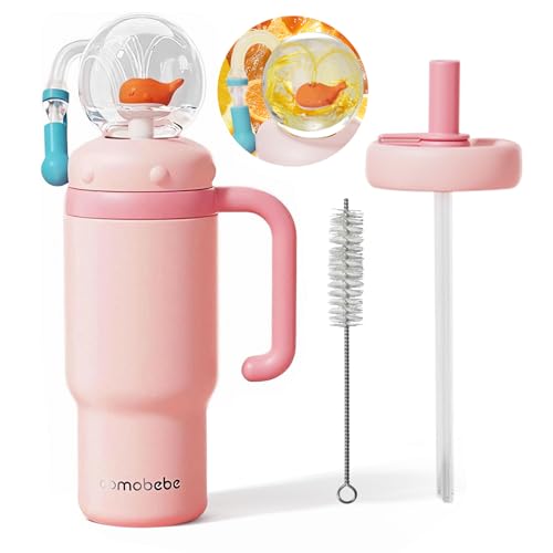 Como bebe 24oz 316 Stainless Steel Whale Fountain Sippy Cup Insulated Whale Squirt Tumbler with Handle Leak Proof Straw Cup with 2 Types Lids Fits Car Cup Holder for Kids Teens Adults (pink)