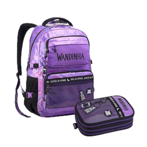 Mochila Wandinha Addams Holográfica Juvenil com 5 Bolsos e Estojo Triplo Escolar (Roxo Holográfico)