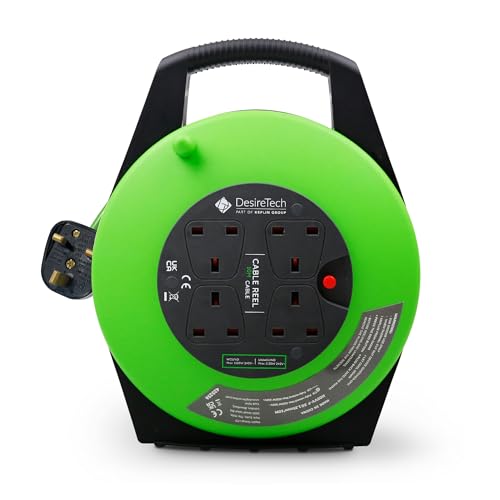 Desiretech 4 Socket Extension Lead 10m, Heavy Duty 4-Way Cable Reel, 13A Thermal Cut-Out, LED Indicator, Extra Long 10m Black & Green Extension Lead, CE & UKCA Certified, Indoor Use (10 Metre)