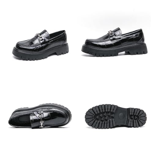 Mens Patent Leather Slip-On Platform Dress Leather Printed Platform Penny Loafers Fashion Round Toe Metal Decoration Non-Slip Thick Sole Business Dress4