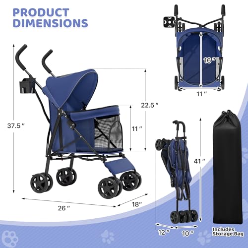 Image of Magshion Compact Fold Pet Travel Stroller for Small Dogs Cats, Navy Blue | Up to 22lbs, 4-Wheel Lightweight Umbrella Shaped Design, Safety Tethers, Breathable Mesh, Cup Holder & Rear Storage