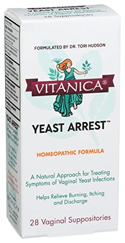 Vitanica Yeast Arrest, Homeopathic Vaginal Suppositories, for Yeast Infection Symptoms, Relieves Burning, Itching & Discharge, with Boric Acid, Tea Tree Oil & Probiotics, Vegan (Yeast Arrest, 28)