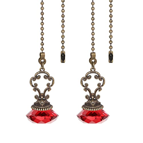 Image of 2pcs Red Crystal Fan Pull Diamond Drop Vintage Pull Chain Ceiling Pull Chain Extender with Connector