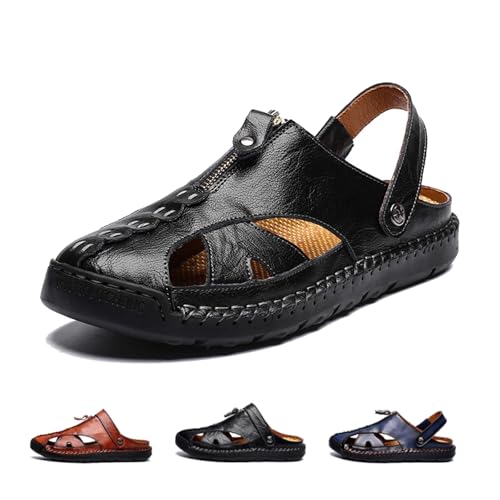 Mens Closed Toe Leather Handmade Sandals Adjustable Heel Strap Slip on Comfortable Anti-Slip Rubber Sole Hollow Hole Anti-Slip Slippers