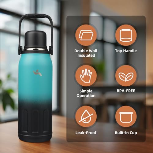 Image of Konokyo 50oz Thermos for Cold Drinks, Insulated Water Bottle, Teal Black