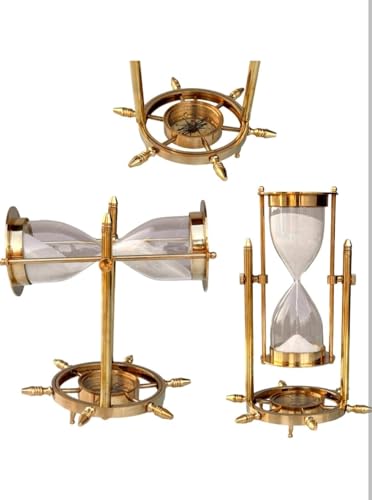Image of Antique Handmade Brass Sand Timer Gold Brass Finish Nautical Sand Timer with Wheel Compass Base for Gifted Home & Office Desk Decor (Time 4-5 min) Height 8 Inch