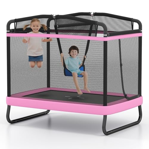 Giantex 6 FT Trampoline for Kids with Swing Toddler Trampolines with Safety Enclosure Net ASTM Approved Rectangle Indoor & Outdoor Mini Kids Trampoline (Pink)