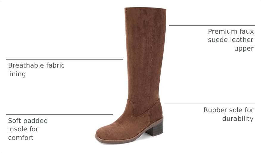 Image of DOEYG Women's Banana Knee High Boots Square Toe Chunky Block Heel Tall Boots Wide Calf Fashion Comfortable Casual Pull on Long Boots