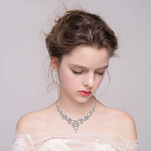 BriLove Wedding Bridal Simulated Pearl Necklace Earrings Jewelry Set for Women Filigree Vine Y-Necklace Dangle Earrings Set Clear Silver-Tone