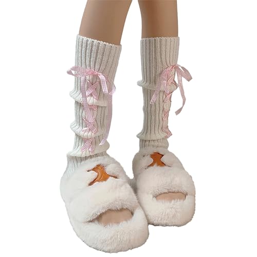 Image of Triplewood Y2K Warm Long Leg Warmers for Women White Knitted Girls Leg Warmer Socks Winter Accessory
