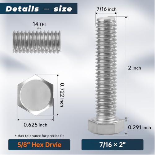 Image of 8 Sets Glvaner 7 /16-14 x 2 inch Stainless Steel Hex Head Screws Bolts, Nuts, Flat & Lock Washers, 18-8 (304) Stainless Steel, Full Thread, Coarse Thread