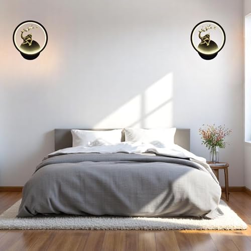 Image of Modern Round LED Wall Light with Golden Deer & Branch Design, Multi-Colour LED, Elegant Decorative Lamp for Living Room & Bedroom, Pack of 2