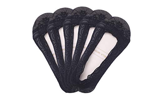 Women's Lace Casual No Show Non-skid Boat Socks Set of 5 (Black Style 2)