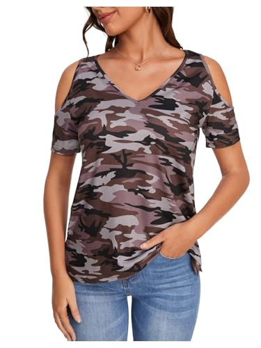 Image of RoseSeek Women's Camo Leopard Cold Shoulder T Shirts Summer Camouflage Tops