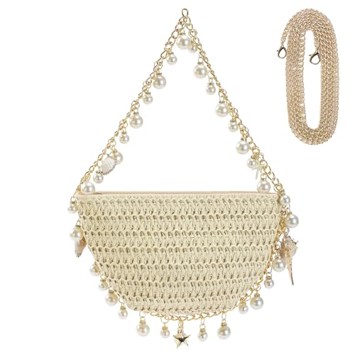 Seashell Purse for Women 9 Inch Handwoven Straw Clutch with Pearl Beads & Detachable Straps Beach Wedding Evening Party Purse Summer Vacation Crossbody Bag Gift