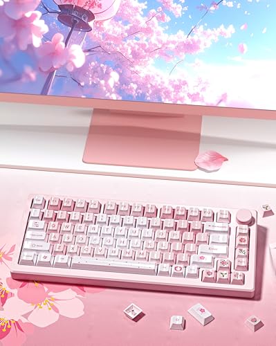 Image of dagaladoo PBT keycaps Set, Cherry Profile Keyboard Keycaps Cute | Glossy Cherry Blossom key caps,Custom keycaps for 60% 65% 75% 100% Cherry-MX switch Mechanical Keyboard(Pink,134-keys)